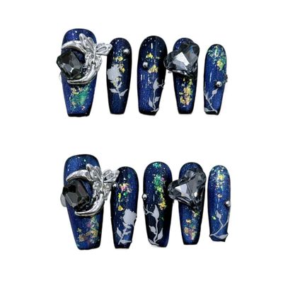 Nail Art Kit with Deep-Sea Starry Sky and Cat Eye Effect Wearable and Detachable Fake Nails Nail Art Patch(M)