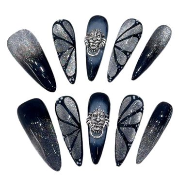 Handmade Wearable Nail Art with Black Butterfly Cat Eye Design - Detachable Fake Nails for Nail Art Enthusiasts(XS)