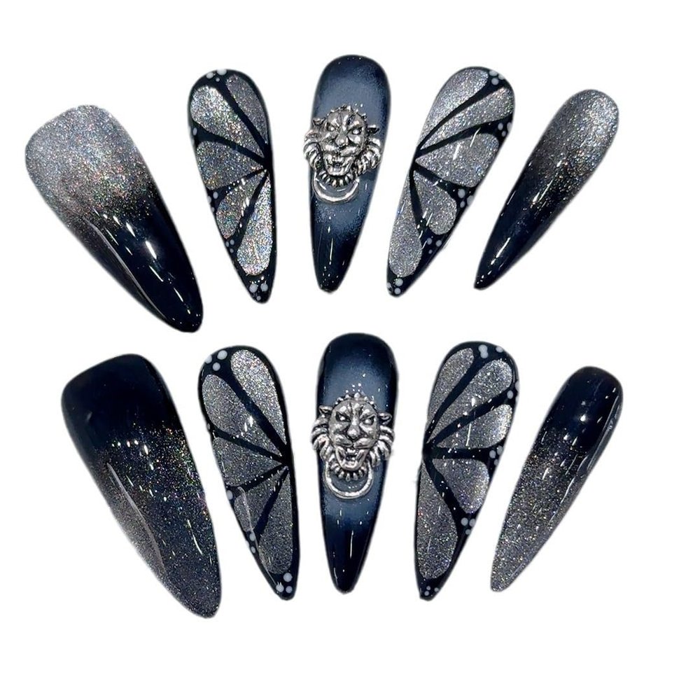 Handmade Wearable Nail Art with Black Butterfly Cat Eye Design - Detachable Fake Nails for Nail Art Enthusiasts(XS)