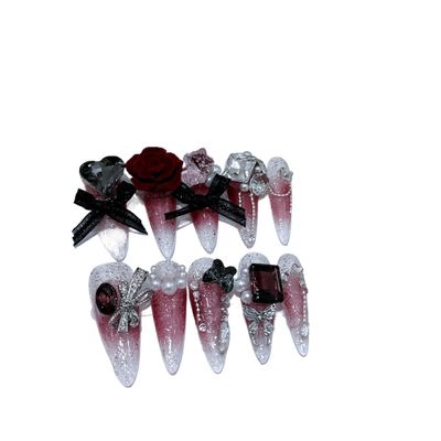 European and American Wine Red Heavy Industry Full Drilling Through Armor,Handmade Nail Art, Detachable Fake Nails(S)