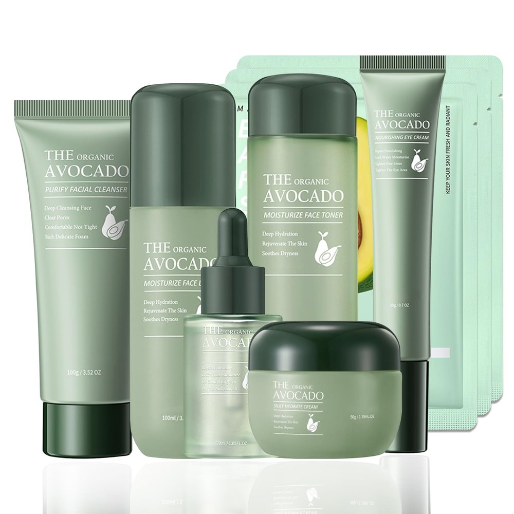 Avocado Skin Care Set,Facial Kit with Facial Cleanser,Toner,Eye Cream,Face Serum,Facial Serum,Face Cream,Lotion & 3PCS Face Mask,Travel Skincare Kit for Women (9PCS)