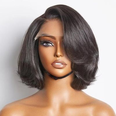Natural Black Layered Cut Glueless 13x6 Lace Bob Short Wave Wig HD Transparent Lace Front Human Hair Pre Plucked Brazilian Virgin Hair with Baby Hair Glueless Wig Bleached Knots 150% Density 10Inch