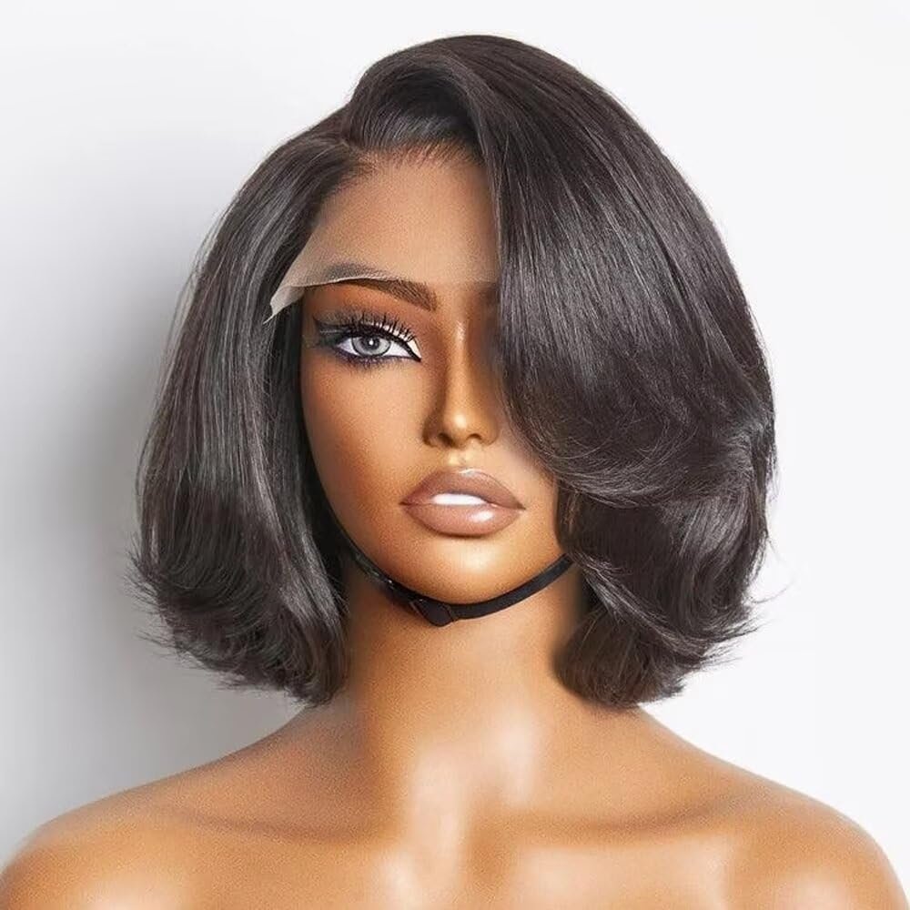 Natural Black Layered Cut Glueless 13x6 Lace Bob Short Wave Wig HD Transparent Lace Front Human Hair Pre Plucked Brazilian Virgin Hair with Baby Hair Glueless Wig Bleached Knots 150% Density 10Inch