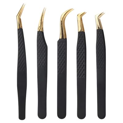 5 Pcs Lash Tweezers Set, Stainless Steel Eyelash Extension Tools With Curved Tips, Non-Slip Grip For False Lashes, Perfect For Home And Salon Use