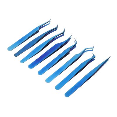 8pcs Eyelash Tweezers Stainless Steel Fine Tip Ergonomic Blue Eyelash Extension Tweezers Set for Professional