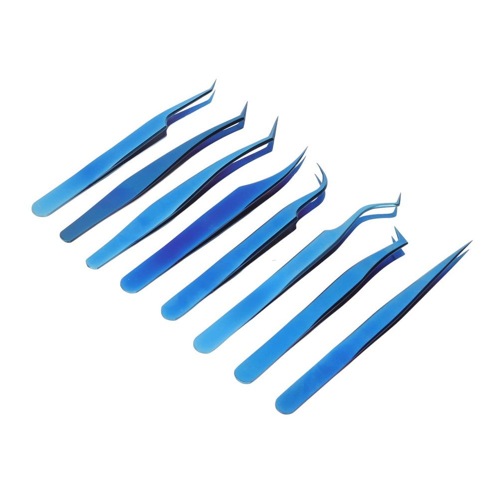 8pcs Eyelash Tweezers Stainless Steel Fine Tip Ergonomic Blue Eyelash Extension Tweezers Set for Professional