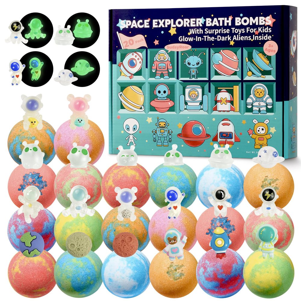 20 Pack Galaxy Bath Bombs for Kids with Space Explorer Toys, Cosmic Adventure Kids Bath Bombs with Astronauts, Rockets, Planets & Glow-in-The-Dark Aliens Inside,End-of-School Year Gifts
