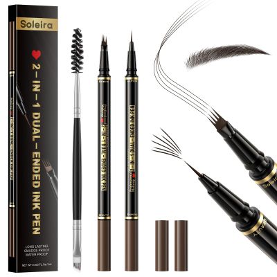 Soleira Waterproof Eyebrow Pencil with 4 Tip Microblading Pen and Dual-ended Brush, for Natural-Looking Brows, Long-Lasting, Black Brown