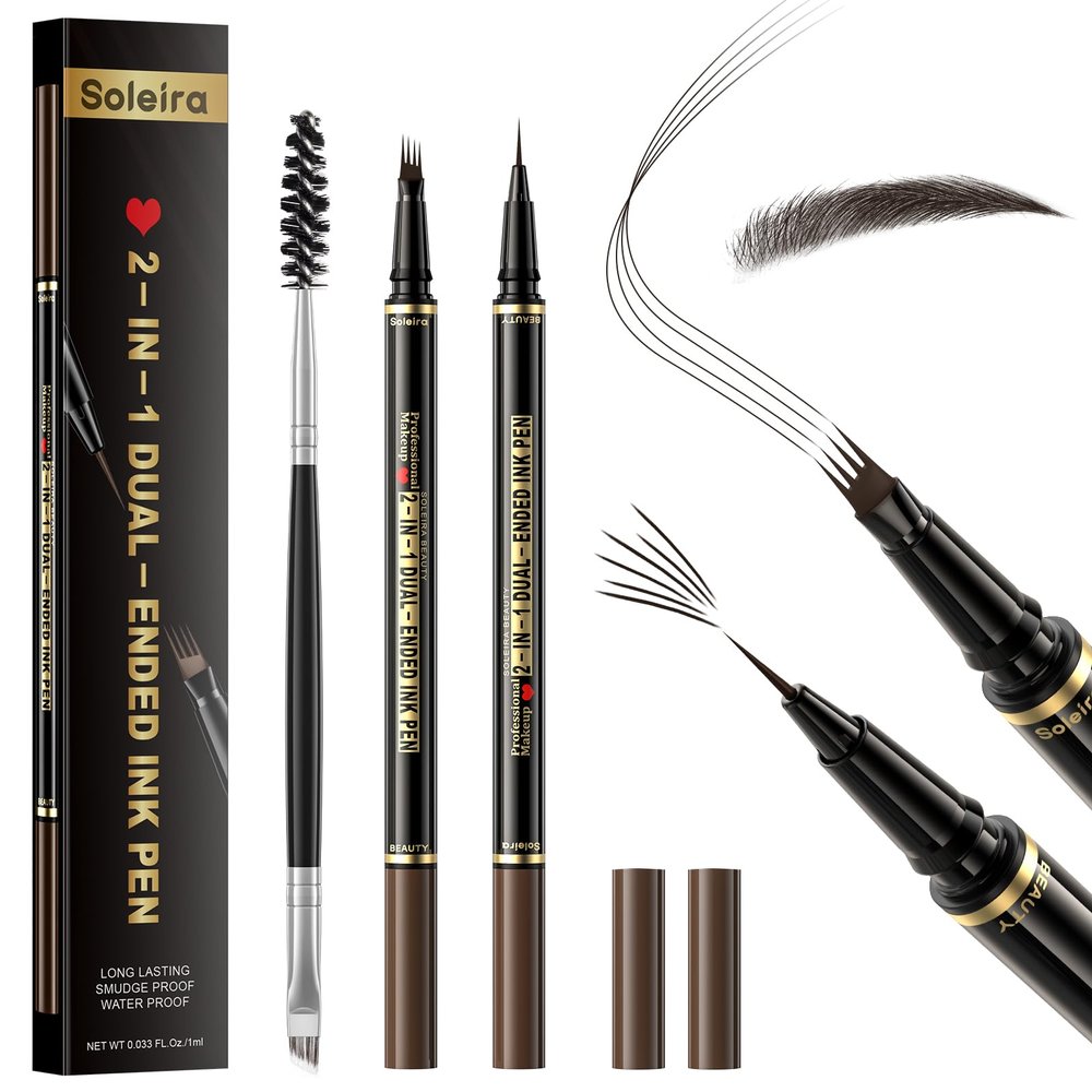 Soleira Waterproof Eyebrow Pencil with 4 Tip Microblading Pen and Dual-ended Brush, for Natural-Looking Brows, Long-Lasting, Black Brown