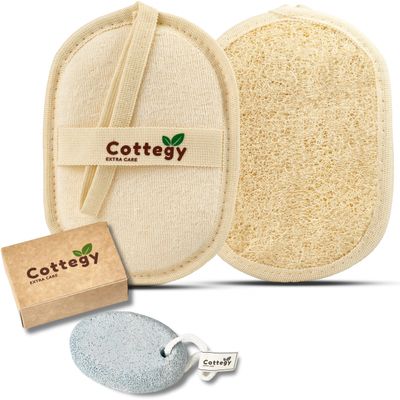 1PC Cottegy Egyptian 100% Natural Loofah Exfoliating Scrubber- Eco-Friendly Bath & Shower Sponge - Face & Body - Men & Women-1PC Natural Foot Pumice Stone - Feet, Heels, Elbows and Hands (White)