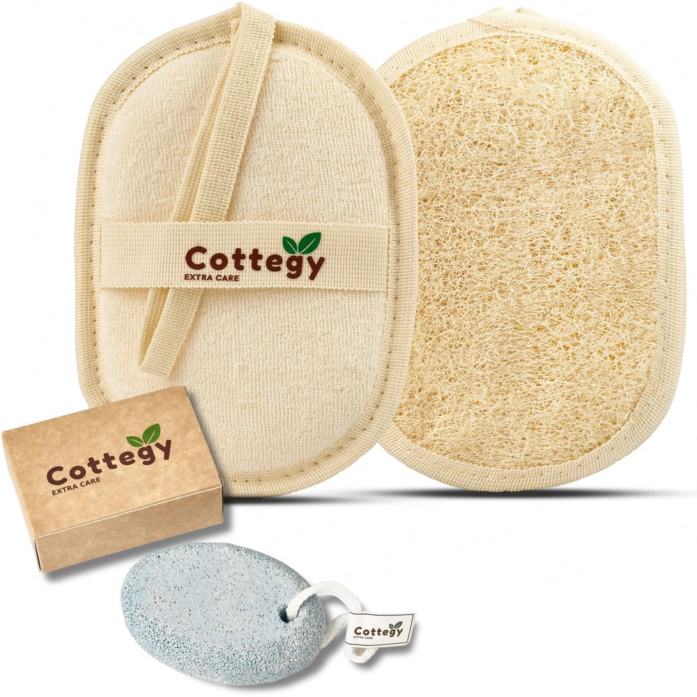 1PC Cottegy Egyptian 100% Natural Loofah Exfoliating Scrubber- Eco-Friendly Bath & Shower Sponge - Face & Body - Men & Women-1PC Natural Foot Pumice Stone - Feet, Heels, Elbows and Hands (White)