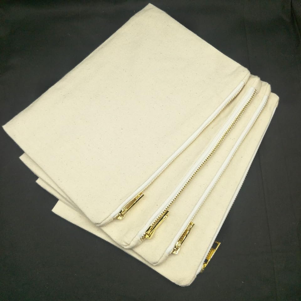 10pcs 12oz cotton canvas makeup bag with gold metal zip 7x10in canvas cosmetic pouch (natural)