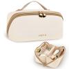 Prite Makeup Bag for Women Travel Waterproof Vegan Leather Cosmetic Bag Open Flat Toiletry Bag With Clear Divider and Handle (Large Beige) view 1