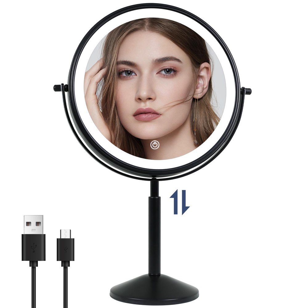 9" Height Adjustment Bathroom Mirror Free Standing and 10x Magnification LED Rechargeable, 360 Rotating Adjustment,Desk Shaving Mirror 3Colors(Black)