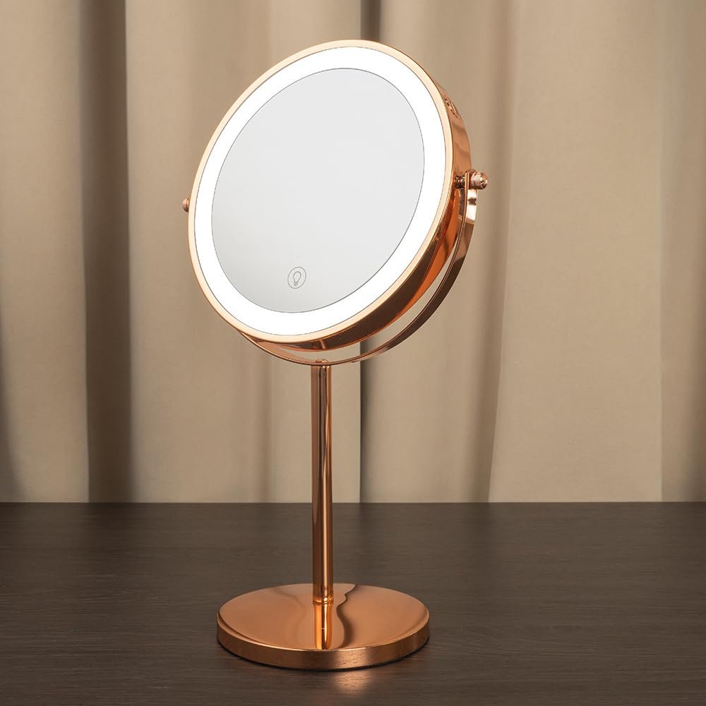 8 inch (About 20 cm) Large Illuminated Cosmetic Mirror,1X/ 5X Magnifying Mirror with Light, Double Sided Vanity Mirror,3 Color LED dimmable 5000mAh Rechargeable Luminous Magnifying Glass (Rose Gold)