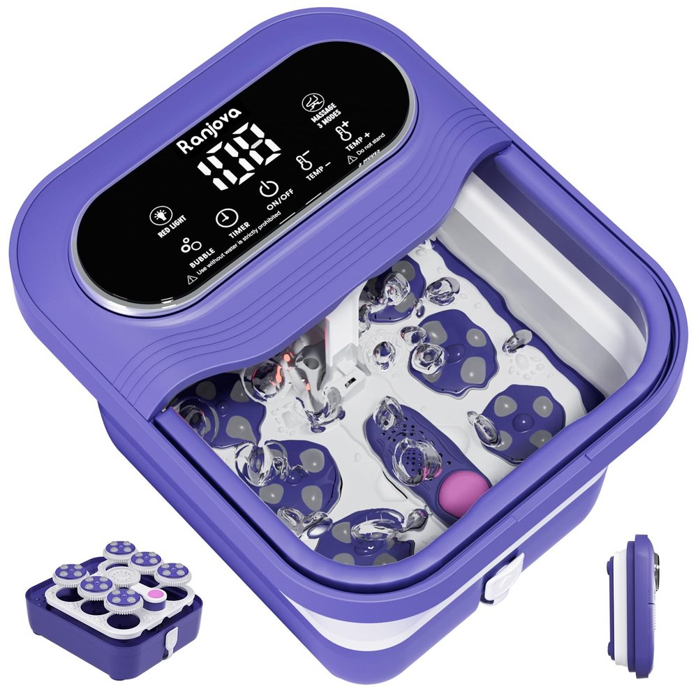 Ranjova Foot Spa Electric Rotary Massage, Collapsible Foot Bath with Heat, Bubble,Temp Control, and 24 Motorized Shiatsu Massage Balls, Pedicure Foot Spa for Feet Relaxation (Blue)