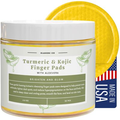 Kojic Acid & Turmeric Cleansing BIG Finger Pocket Pads | 100% Natural Ingredients With Licorice Root Extract & Aloe Vera For Discoloration, Dark Spots, Acne Scars, Uneven Skin, Hyperpigmentation, Clogged Pores, Brighten, Resurface, Glow & Smooth Skin