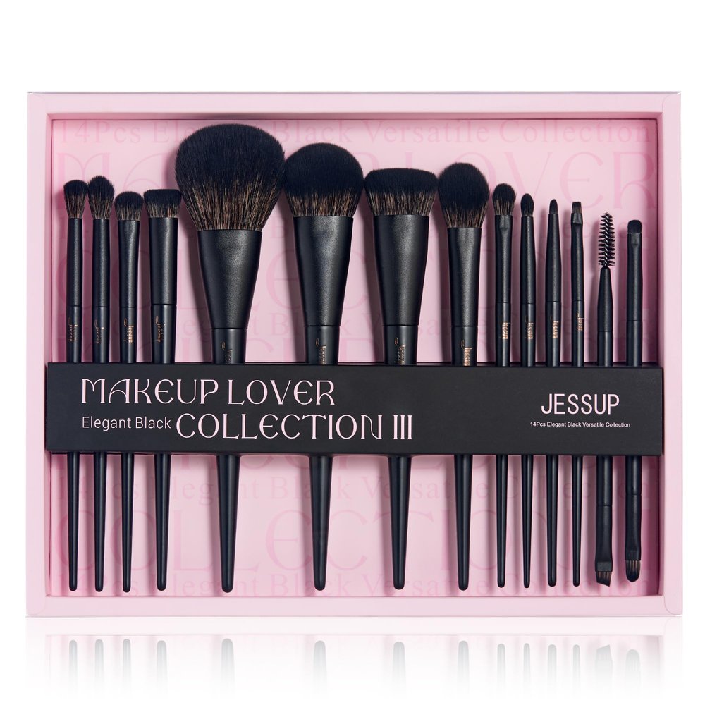 Jessup Makeup Brushes Set Jessup Make up Brushes 14Pcs Black Kabuki Foundation Eyeshadow Contour Concealer Powder Eyeliner Crease Eyebrow Blending Brush with Gift Box, T336-G