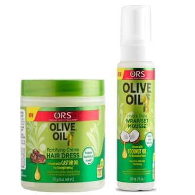 ORS Fortifying Creme Hairdress infused with Castor Oil for Strengthening Olive Oil Hold & Shine Wrap Set Mousse Infused with Coconut Oil for Restorative Shine - Bundle