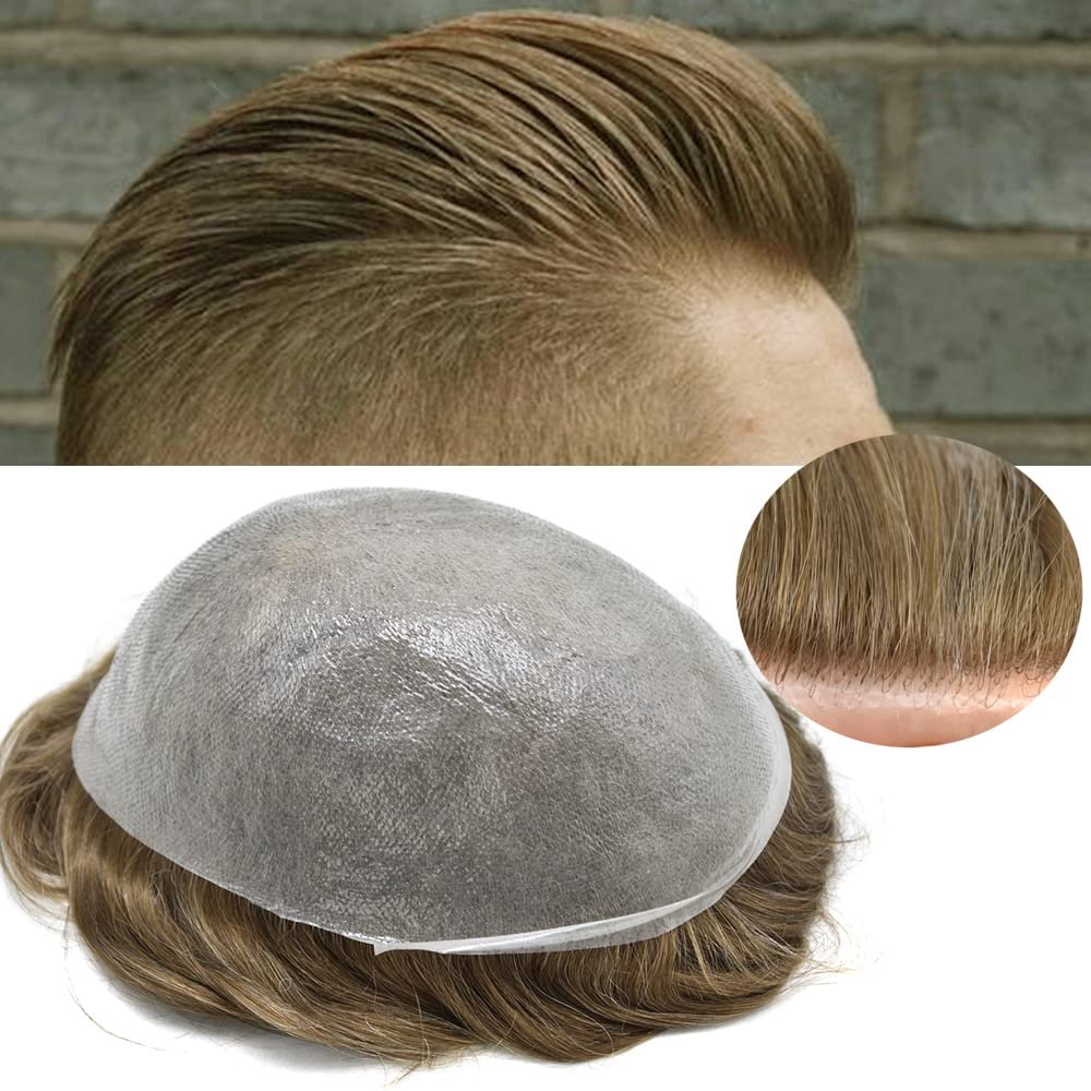 Healthlif Men's Toupee European Virgin Human Hair Replacement System 0.03mm Ultra Thin Skin Hand Tied Hair Prosthesis for Men Hair Systems8X10-light to medium density#1720#17 DARK ASH BLONDE+20% GREY