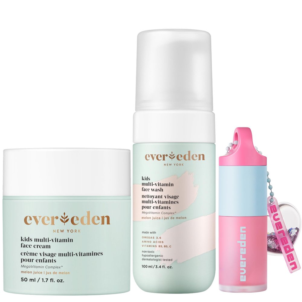 Evereden Happy Kids Skin & Lips Routine - Multi-Vitamin Face Wash & Face Cream & Tinted Lip Oil Set - Clean & Vegan Skin Care Kids 3+ - Moisturizing, Nourishing, & Protective