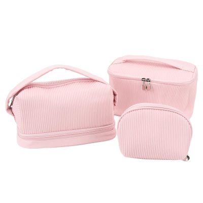 3Pcs Makeup Toiletry Bag Set, Storage Bag Large Capacity Portable Pu Toiletries Bag Purse Pleats Bagging Pu, Alloy, Cloth for Business Trip Travel Traveling, Cosmetic Bags