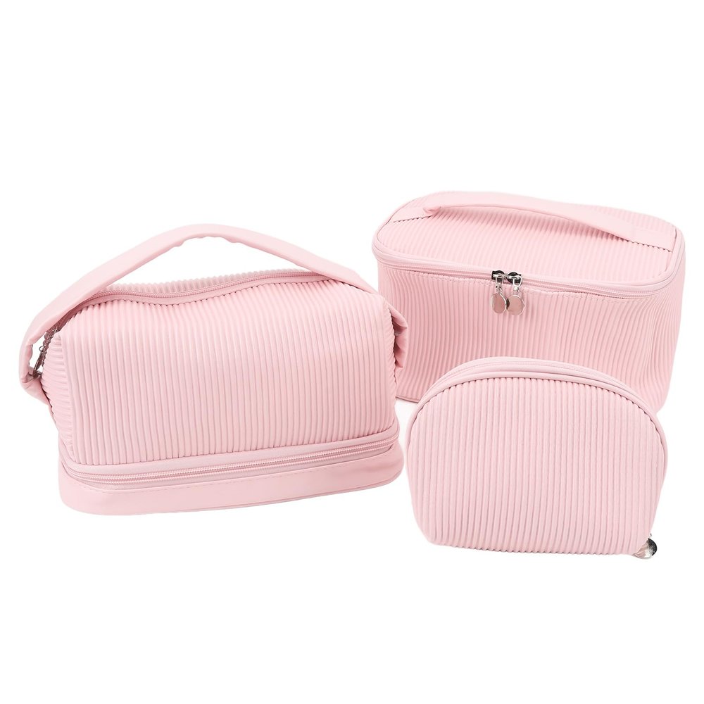 3Pcs Makeup Toiletry Bag Set, Storage Bag Large Capacity Portable Pu Toiletries Bag Purse Pleats Bagging Pu, Alloy, Cloth for Business Trip Travel Traveling, Cosmetic Bags