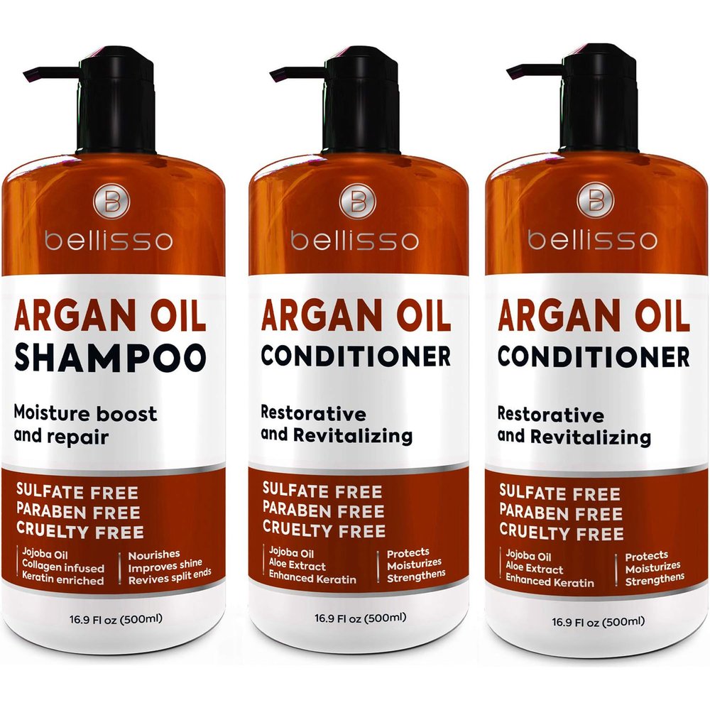 BELLISSO Moroccan Argan Oil Shampoo and Conditioner Set and Argan Oil Conditioner