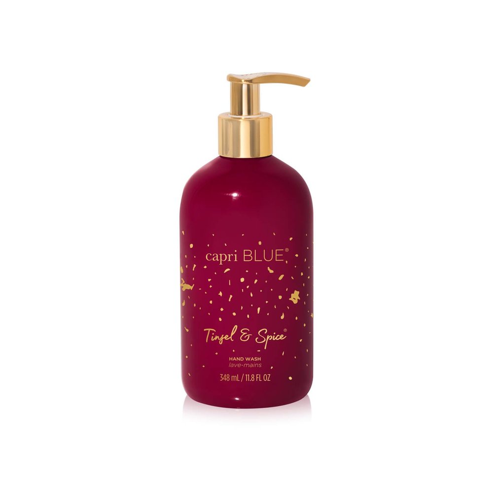 Capri Blue Large Moisturizing Hand Wash Soap - Liquid Hand Soap with Pump Bottle - Gentle & Hydrating Skin Care - Notes of Juniper Berry, Cinnamon, Clove & Orange Mandarin (Tinsel & Spice, 11.8 fl oz)