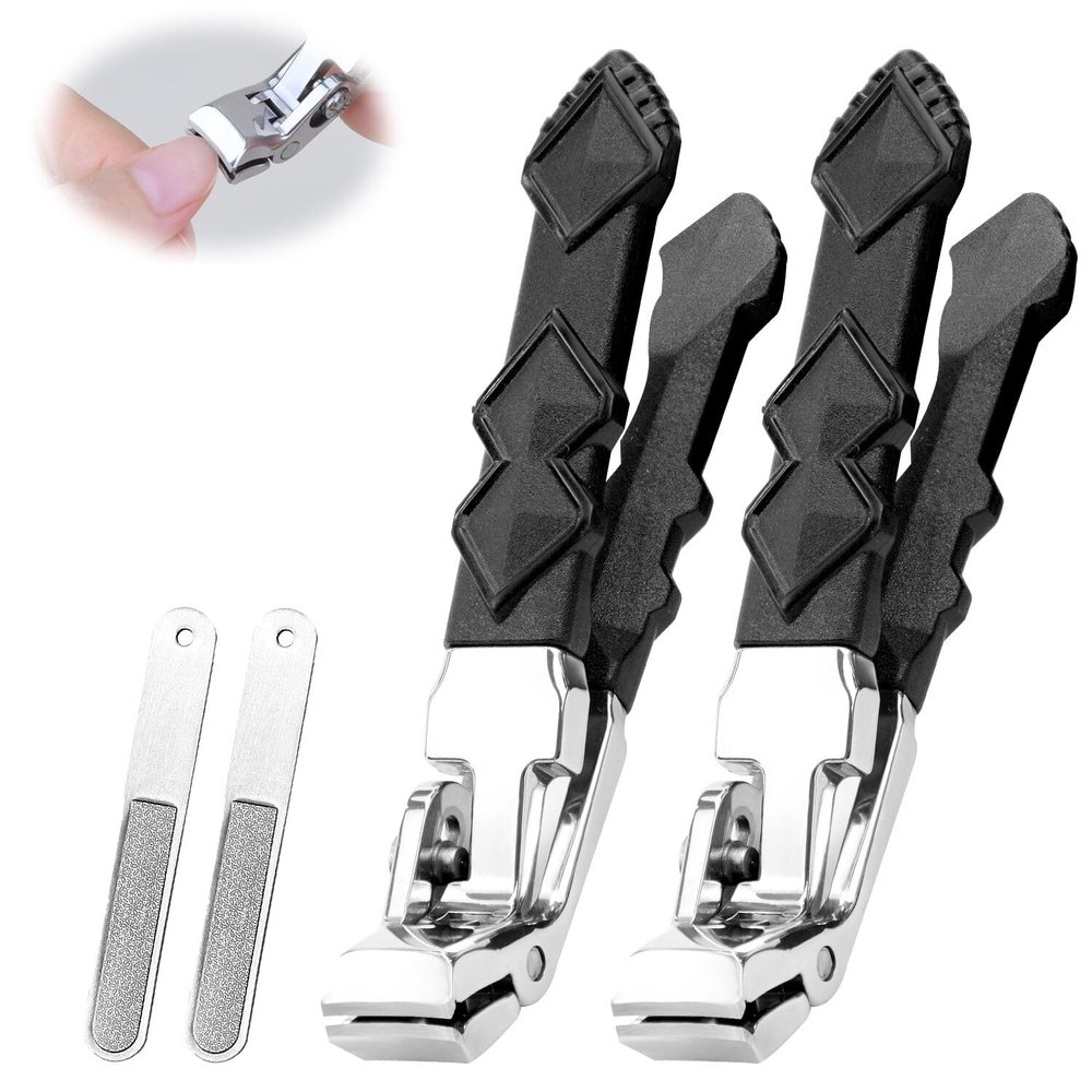 2PCS Nail Clippers for Seniors, Ergonomic Toenail Clippers with 2PCS Nail Files, Nail Cutters for Thick Toenails for Men, Women Curve Sharp Long Handle Wide Opening