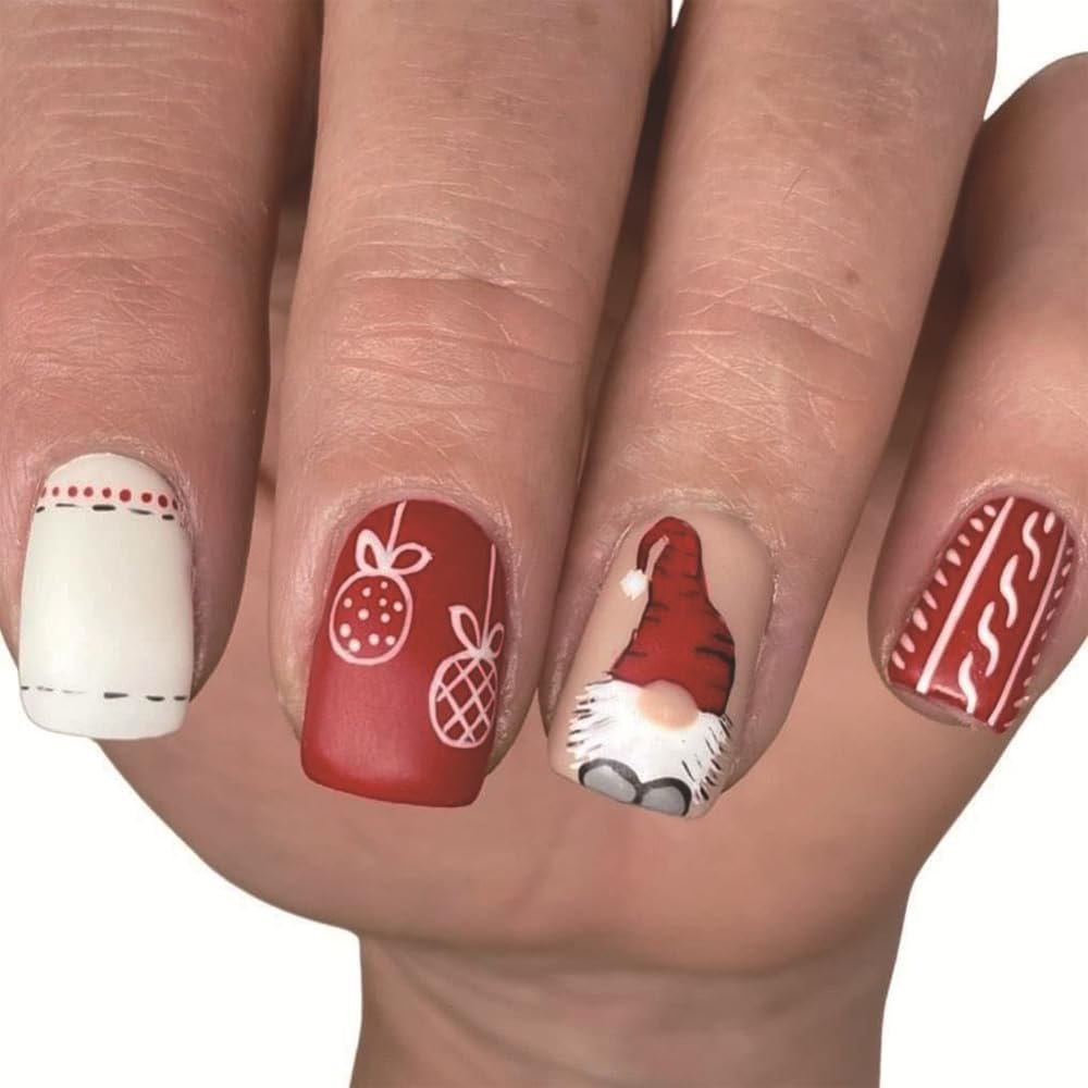 24pcs Christmas Fake Nails: Short Square Petite Nails - Santa Claus Designs Gloss Acrylic Nails - False, Press On, Full Cover, with Hanging Cord