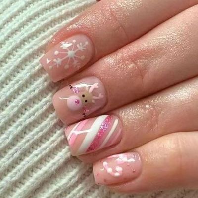 24Pcs Christmas Press on Nails Short Fake Nails Square Pink False Nails with Elk Cane Snowflake Design Glue on Nails Glossy Full Cover Acrylic Nails Xmas Stick on Nails for Women DIY Nail Decorations