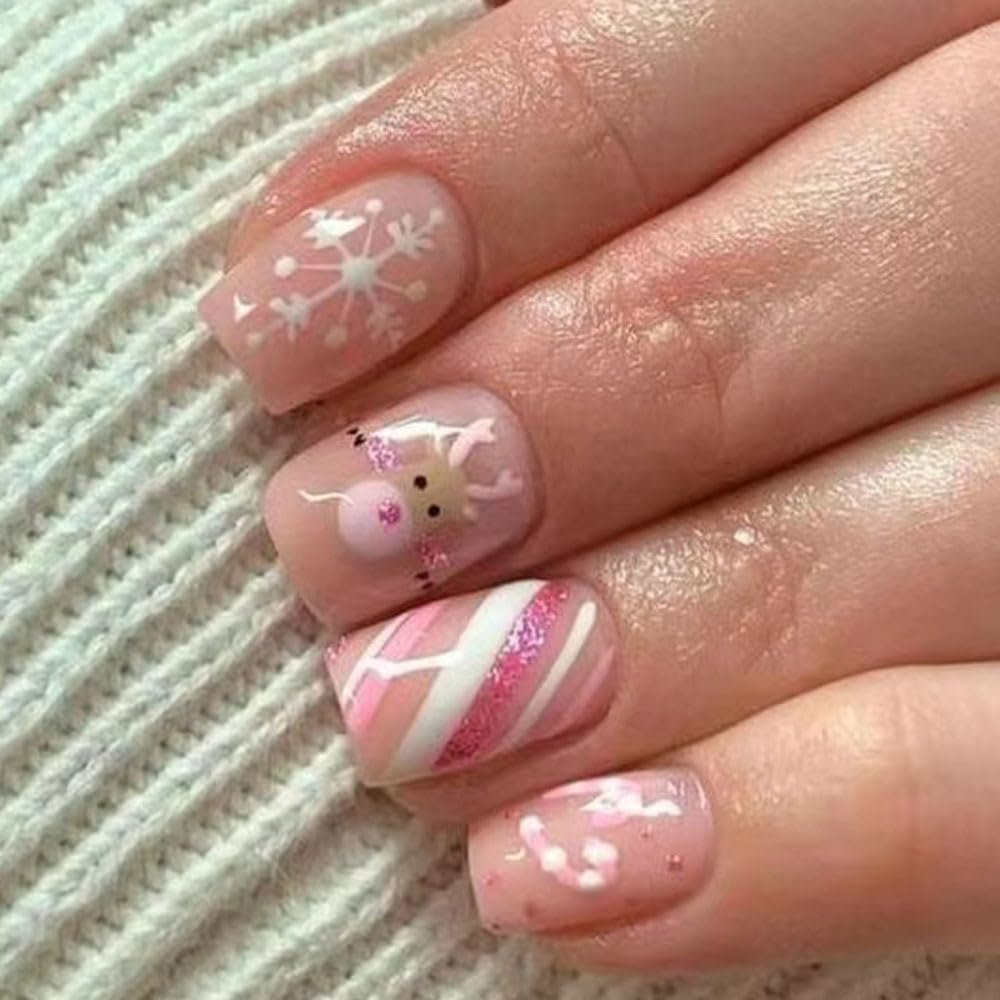 24Pcs Christmas Press on Nails Short Fake Nails Square Pink False Nails with Elk Cane Snowflake Design Glue on Nails Glossy Full Cover Acrylic Nails Xmas Stick on Nails for Women DIY Nail Decorations
