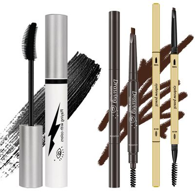 3pcs Silk Fiber Mascara,with eyebrow pencil,Eyebrow brush Natural Waterproof Smudge-Proof,All Day Exquisitely Long, Smudge-Proof (Brown, Black)
