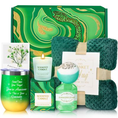 Birthday Gifts for Women, Green Warm Spring Get Well Soon Self Care Retirement Thinking of You Inspirational Gifts Basket with Flannel Blanket for Mom, Grandma, Sister, Wife, Girlfriend, Anniversary