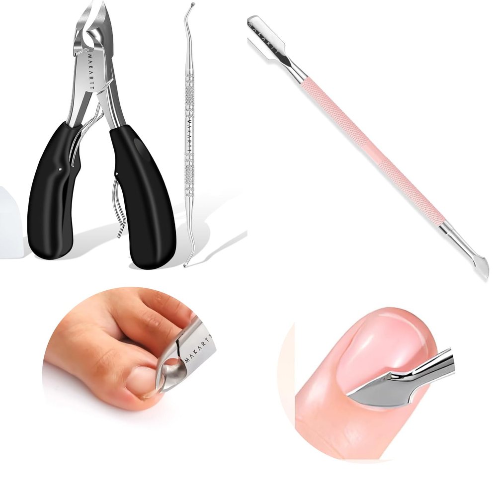 Makartt Cuticle Pusher, Pink Cuticle Remover Bundle with Ingrown Toenail Clippers with Nail Lifter, Toe Nail Clippers for Thick Nails for Seniors