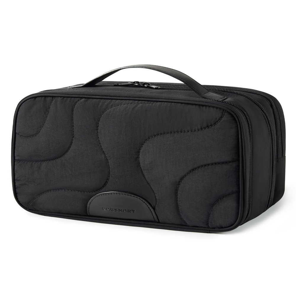 BAGSMART Toiletry Bag for Women, Wide-open Makeup Bag Organizer for Travel Essentials Travel-size, Water-resistant Large Capacity Cosmetic Bag for Accessories, Shampoo, Toiletries with Handle, Black