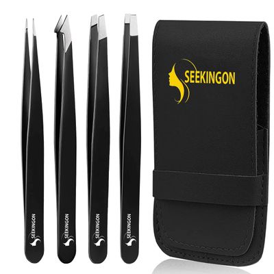 4 Pcs Professional Tweezers for Women Facial Hair Stainless Steel Eyebrow Precision for Chin, Splinter and Ingrown Hair Removal - Sharp Tweezers