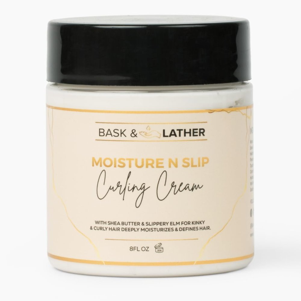 BASK & LATHER Moisture n Slip Curling Cream with Amaranth Extract, Grapeseed Oil & Slippery Elm, Enhances Curl Definition, Bounce, Reduces Frizz & Breakage, Deep Moisturization, Detangles, 8oz