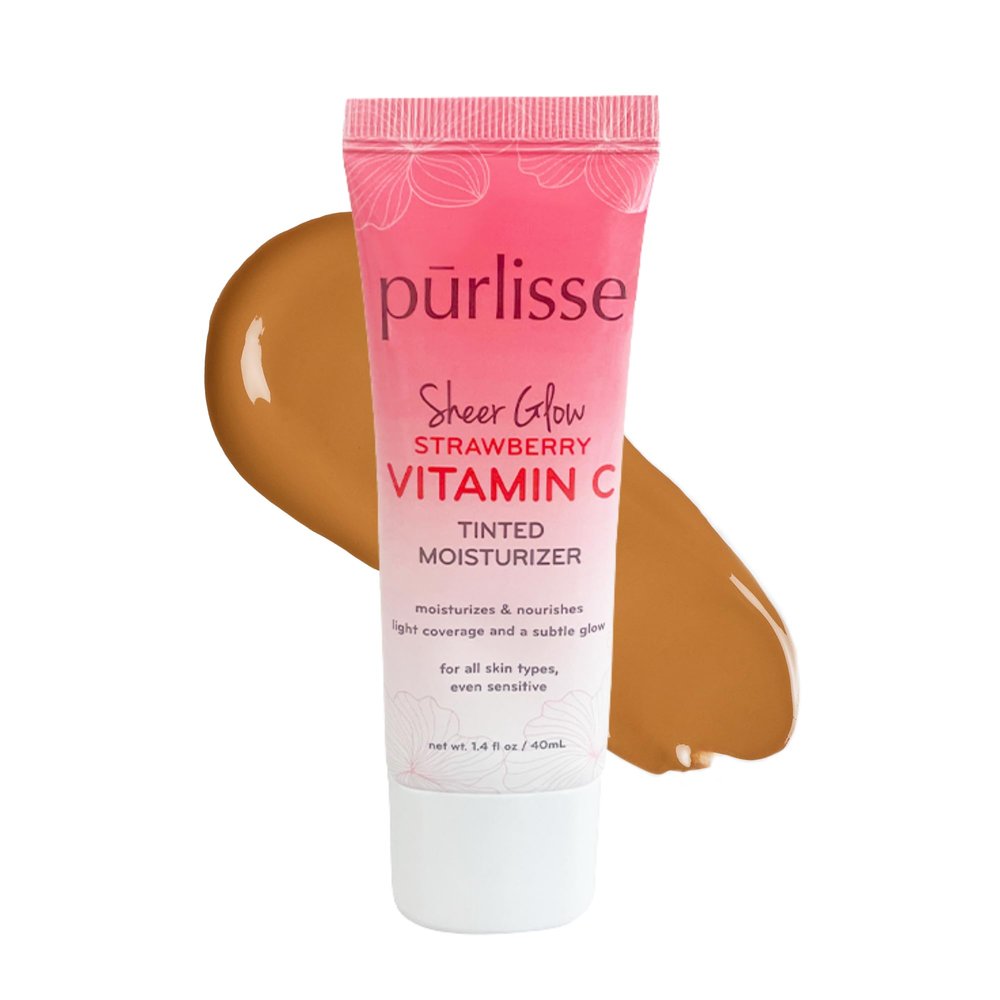 prlisse Sheer Glow Strawberry Vitamin C Tinted Moisturizer - Skin Tint Moisturizer Enriched with Antioxidants to Even Complexion - Dewy Light Coverage for All Skin Types - Tan Deep (1.4 oz)