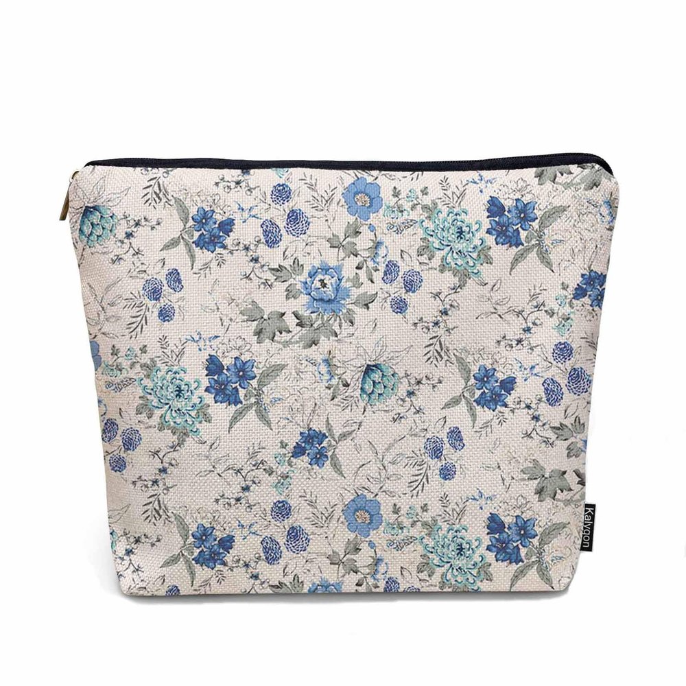 Kalygon Rose Blue Makeup Bags Makeup Organizer, Watercolor Floral Rose Peony Flax Toiletry Bags Travel Cosmetic Bag Makeup Purse Pouch Skincare Bag Wallet Bags For Women Female Mom Daughter