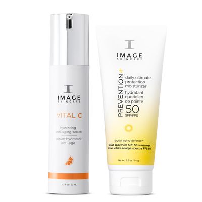 Anti-Aging Skin Care Bundle, with VITAL C Hydrating Anti-Aging Face Serum and PREVENTION+ Daily Ultimate Protection Moisturizer SPF 50 Face Sunscreen Lotion, by IMAGE Skincare