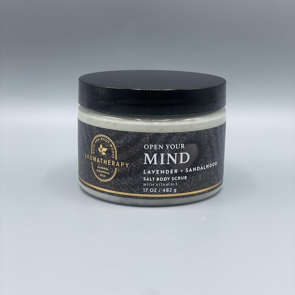 Aromatherapy OPEN YOUR MIND Lavender Sandalwood Salt Body Scrub bath body 17 oz