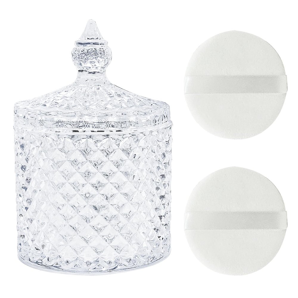 3 Pcs Large Body Powder Puff and Container,Glass Reusable Box Crystal Case Jar with Soft Puff