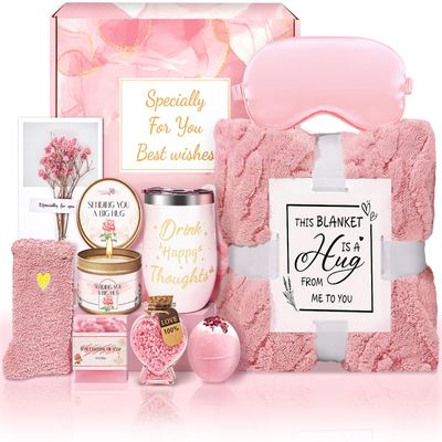 Gifts for Women Self Care Gifts Get Well Soon Gifts, Rose Relaxation Spa Gift Basket Sets with Luxury Flannel Blanket, Unique Mothers Day Mom Gifts Basket for Mom Wife Grandma Sister Friend