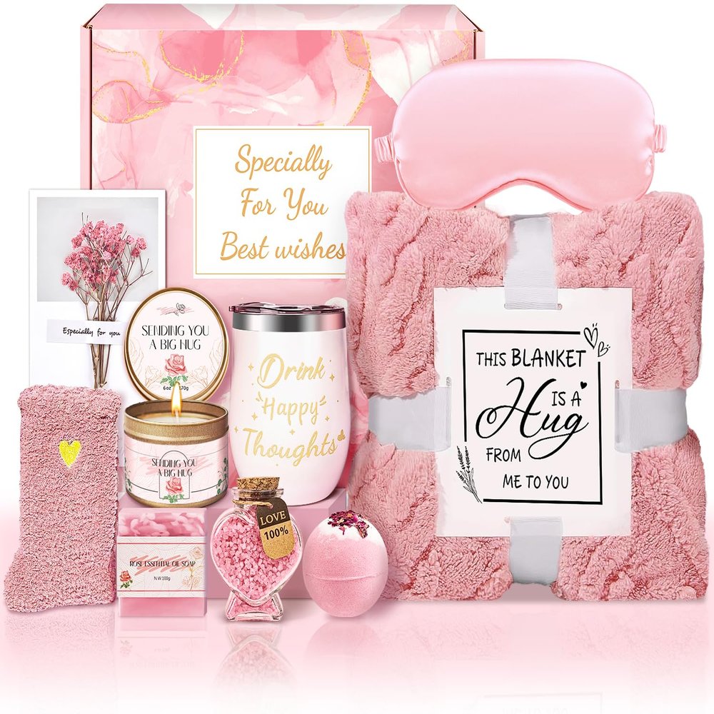 Gifts for Women Self Care Gifts Get Well Soon Gifts, Rose Relaxation Spa Gift Basket Sets with Luxury Flannel Blanket, Unique Mothers Day Mom Gifts Basket for Mom Wife Grandma Sister Friend