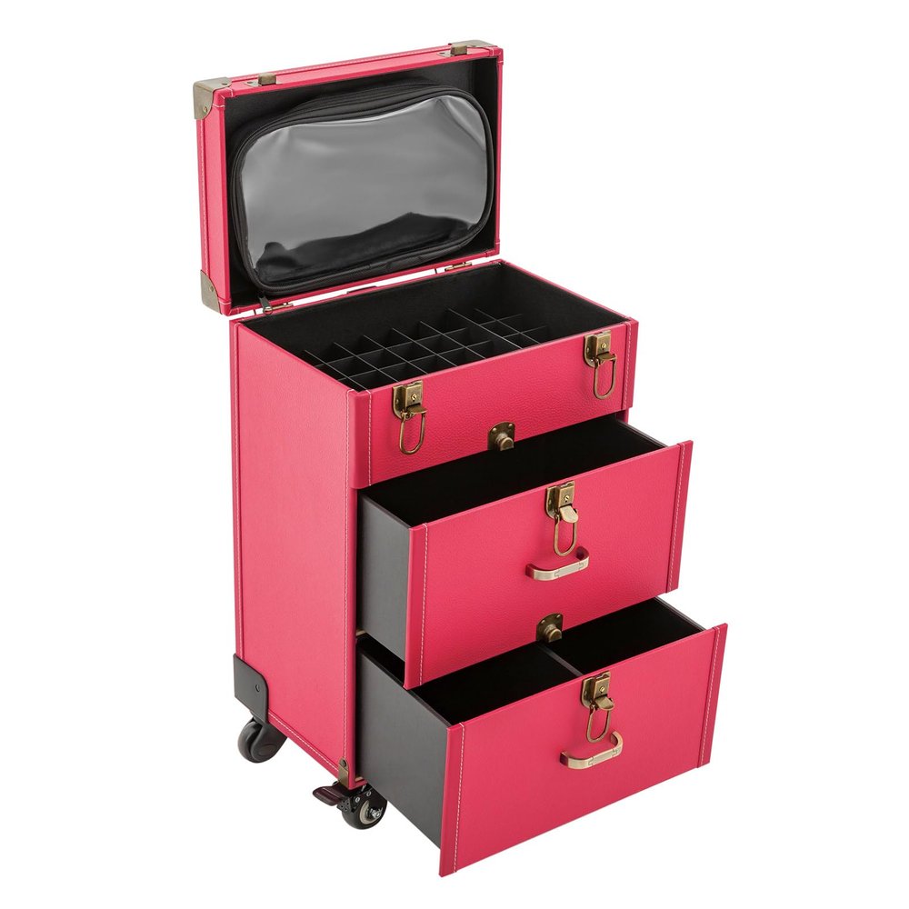 Blisiour Rolling Makeup Train Case with Drawers and Locks, Professional Large Cosmetic Storage Trolley Case with Adjustable Dividers, Nail Polish Organizer for Nail Tech Hairstylist Barber (Rose)