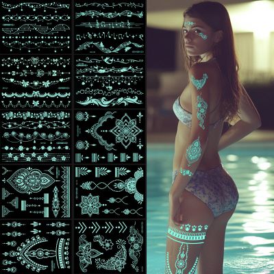 10 Sheets Blue Glow Temporary Tattoos Glow in the Dark Tattoo Kit Neck Clavicle Body Art Makeup In The Dark for Women Adults Arm Hands and Rave Festival Accessories