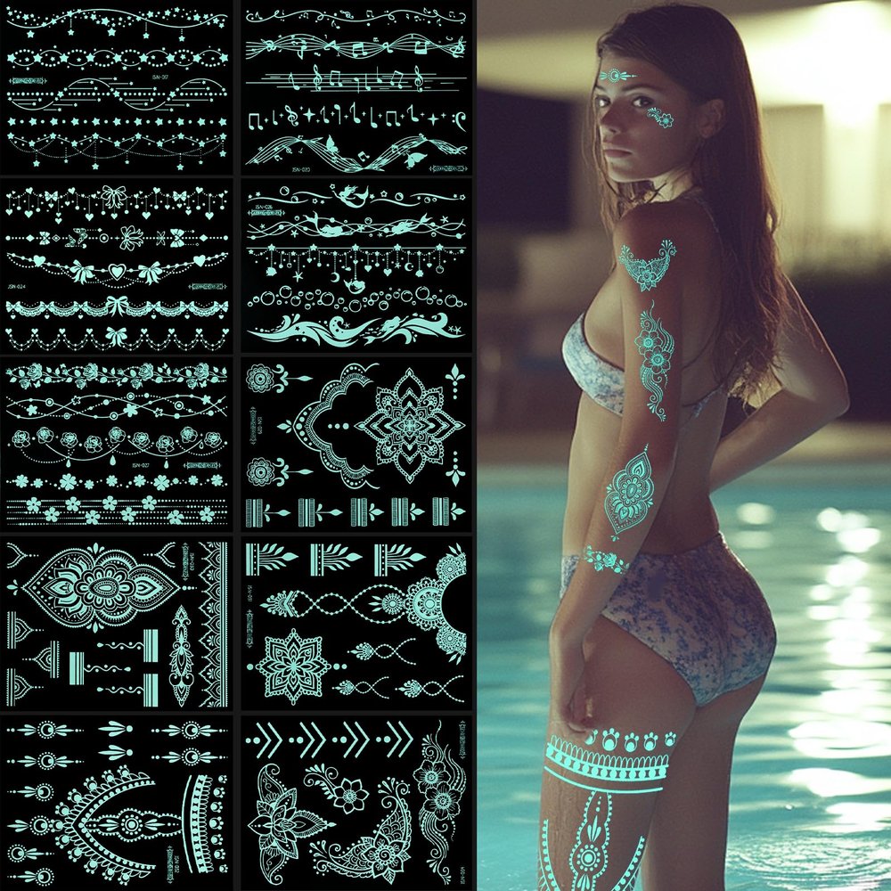 10 Sheets Blue Glow Temporary Tattoos Glow in the Dark Tattoo Kit Neck Clavicle Body Art Makeup In The Dark for Women Adults Arm Hands and Rave Festival Accessories