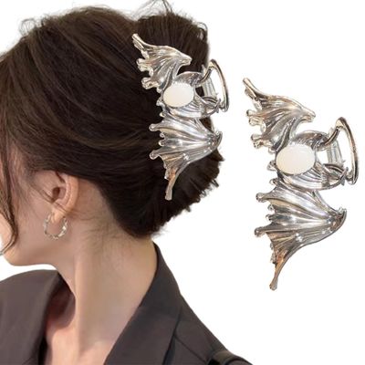 1Pcs Silver Bat Punk Metal Non-Slip Jaw Hair Claw Clips with Gems Design Strong Hold for Thin Hair - Halloween Accessories
